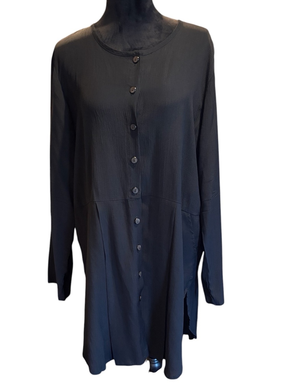 Flax Black Button-Front Relaxed Fit Tunic Top, Coverup,Medium,SMART Dressing